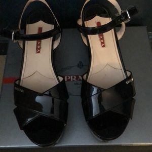 Prada black patent platform sandals